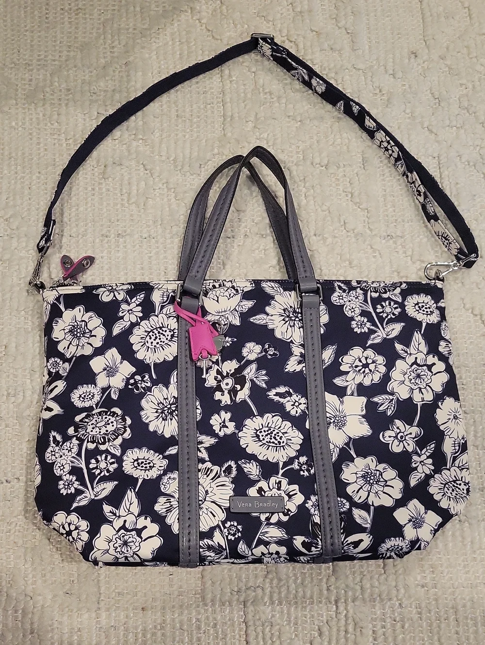 Vera Bradley Midtown Navy Floral Small Tote with Pink Lock Charm